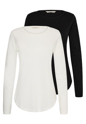 Deux chemises à manches longues avec col rond, une blanche devant et une noire derrière, toutes deux avec des ourlets arrondis et un design simple.