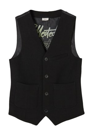 Gilet noir boutonné avec deux poches avant et une doublure intérieure grise à motif avec un texte stylisé.