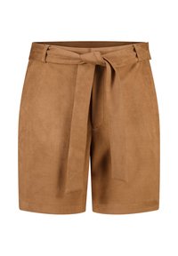 Bruine suède high-waist shorts met een brede zelfbindriem en riemlussen, met een nette, nauwkeurige afwerking.