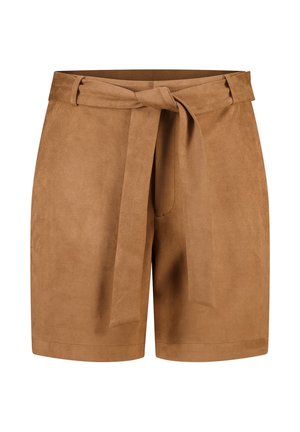 Bruine suède high-waist shorts met een brede zelfbindriem en riemlussen, met een nette, nauwkeurige afwerking.