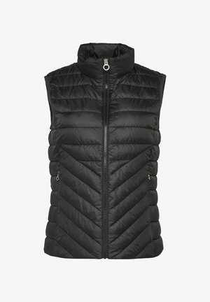 Černá nadýchaná vesta s vysokým límcem, předním zipem a chevronovým prošíváním. Obsahuje dvě postranní zipové kapsy.