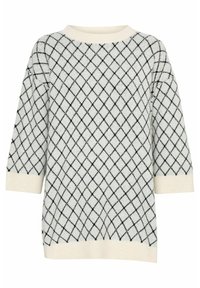 Leichter, gestrickter Pullover in crème mit einem dunkelblauen Rautenmuster. Hat Dreiviertelärmel und einen gerippten Ausschnitt.