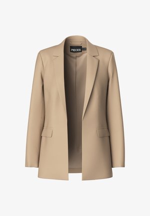 Beige blazer med spidse klapper og to forlommer; lavet af glat stof, har den en åben front og en skræddersyet pasform.