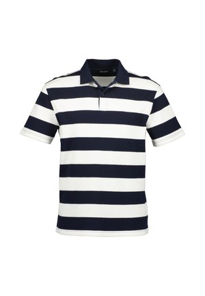 Marineblauw en wit gestreepte polo, korte mouwen, van een katoenmix, met een klassieke kraag en een drieknoopsluiting.