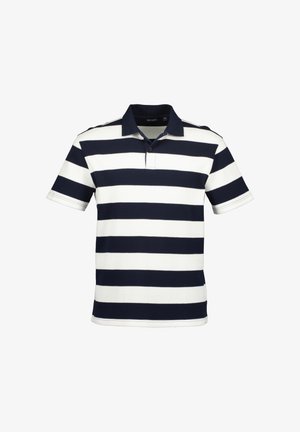 Polo a righe blu Navy e bianche, maniche corte, in tessuto misto cotone, con colletto classico e patta con tre bottoni.