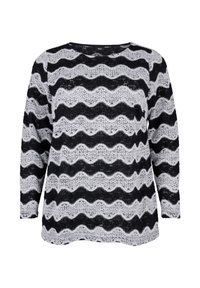Czarny i szary paskowany longsleeve z falistym wzorem, wykonany z lekkiego, teksturowanego materiału, z okrągłym dekoltem.