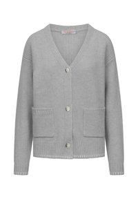 Grijze gebreide cardigan met V-hals, drie knopen, twee voorzakken en ribbelaccenten op de mouwen en onderrand. Zachte textuur, ontspannen pasvorm.