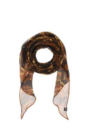 Sheer black scarf with abstract brown and yellow floral patterns, folded in a loop with pointed ends hanging down.
