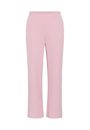 Pantalones rosa claro hechos de un tejido suave, con una cinturilla ancha y elástica, diseño de pierna recta y sin bolsillos visibles ni patrones.