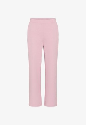 Gaiši rozā bikses no mīksta auduma ar platu elastīgu jostu, taisniem kāju griezumiem un bez redzamām kabatām vai rakstiem.