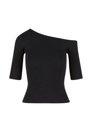 Top negro de canalé con escote asimétrico, mangas cortas y silueta ajustada. Textura suave y color sólido.
