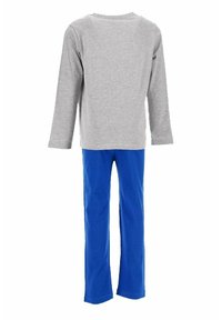 Maglia grigia a maniche lunghe abbinata a pantaloni blue straight-leg. Il tessuto sembra morbido con una texture liscia. Design semplice a tinta unita.