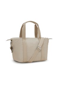 Beige Handtasche aus strukturiertem Material, mit zwei Griffen, einem verstellbaren Tragegurt und einem Reißverschlussoberteil mit seitlichen Akzentdetails.