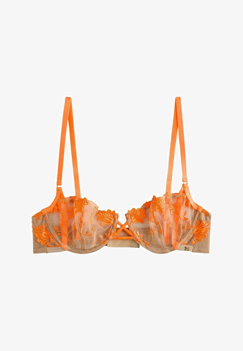 Doorzichtige beige beha met feloranje bloemrijke borduurwerk en bijpassende verstelbare bandjes, vooraan sluiting en beugelk cups.