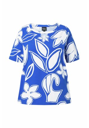 Blaues Kurzarmhemd mit großen weißen abstrakten Blumen- und Blattmotiven, rundem Ausschnitt und kleinem Schlüssellochdetail vorne.