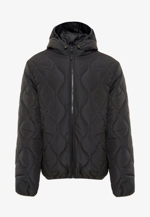 Veste matelassée noire avec capuche, dotée d'une fermeture éclair, de poignets élastiques et d'une texture lisse. Le design comprend un motif de couture en forme de vagues.