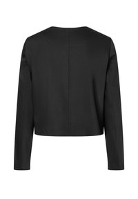 Schwarze, kurze Jacke mit strukturiertem Design, langen Ärmeln, klaren Linien und einer Rückennaht, gefertigt aus glattem Stoff mit matter Oberfläche.