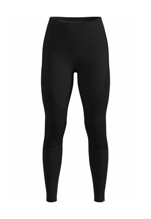 Black active leggings with textured, ribbed fabric. Features a wide waistband and sections of mesh for breathability, offering a form-fitting design.
