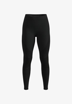 Black active leggings with textured, ribbed fabric. Features a wide waistband and sections of mesh for breathability, offering a form-fitting design.