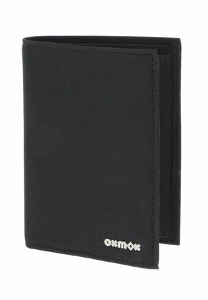 Portefeuille en cuir noir trifold avec coutures visibles et petit logo argenté "oxmox" dans le coin inférieur droit.
