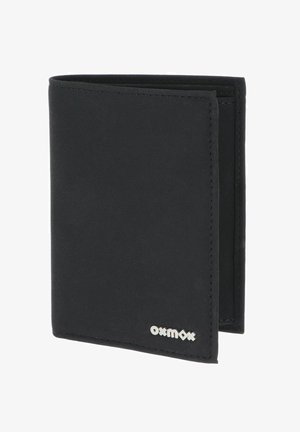 Black trifold leather wallet with visible stitching and small silver "oxmox" logo on the bottom right corner.
