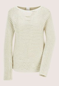 Cremfarbener gestrickter Pullover mit strukturierten geometrischen Mustern und langen gerippten Ärmeln, mit einem runden Ausschnitt.