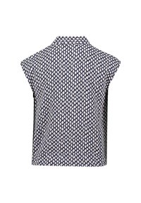 Blusa senza maniche con un motivo geometrico blu navy e beige, dotata di colletto e vestibilità rilassata. Tessuto morbido e leggero.