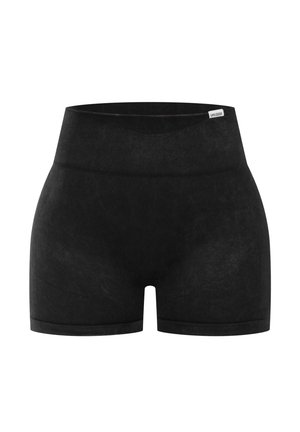 Schwarze hochgeschnittene Shorts aus einem glatten, strukturierten Material. Verfügt über einen breiten gerippten Bund und einen figurschmeichelnden Schnitt ohne sichtbare Details.