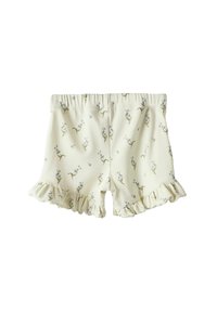 Shorts jaune clair avec un motif floral en bleu et vert. Présente un ourlet volanté et une taille élastique pour un ajustement confortable.