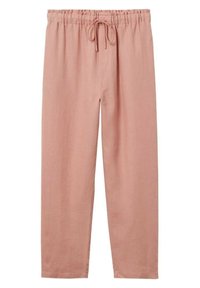 Lichtroze linnen broek met een elastische tailleband en trekkoord, met een losse pasvorm en rechte pijpen. Vlakke voorkant zonder zichtbare zakken.
