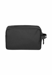 Borsa da toilette nera con motivo esagonale, forma rettangolare, chiusura con cerniera singola e manico laterale per un facile trasporto. Realizzata in tessuto resistente.