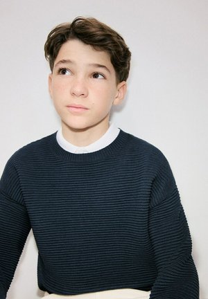 Garçon aux cheveux bruns courts et yeux marron, porte un pull sombre côtelé par-dessus une chemise blanche à col, regardant légèrement vers le haut et sur le côté.