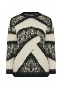 Wollpullover mit schwarz-weißer abstrakter geometrischer Musterung, Rundhalsausschnitt und langen Ärmeln.