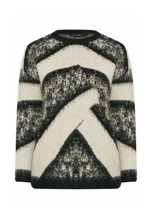 Maglione in lana con un motivo geometrico astratto in bianco e nero, collo a giro e maniche lunghe.