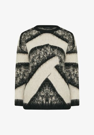 Maglione in lana con un motivo geometrico astratto in bianco e nero, collo a giro e maniche lunghe.