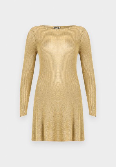 Μίνι φόρεμα με μακριά μανίκια, πλεκτό σε μεταλλικό χρυσό χρώμα, με στρογγυλή λαιμόκοψη και εφαρμοστό κορσάζ, που φουσκώνει ελαφρώς στο τελείωμα.