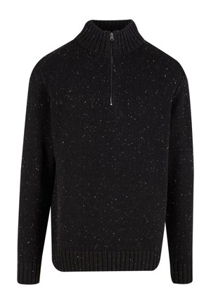 Zwarte gebreide trui met een ritsen hoge kraag, met een gestructureerde textuur. Geribbelde zoom en manchetten voor een getailleerde pasvorm.