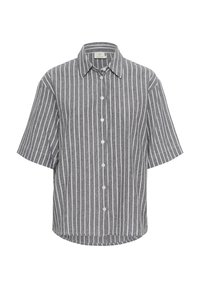 Chemise à manches courtes grise avec des rayures verticales blanches, un col pointu et un ourlet arrondi avec des fentes sur les côtés. Texture douce.