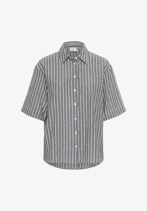 Gray short-sleeve shirt with white vertical stripes, buttoned front, and a classic collar. Fabric appears soft with a textured look.