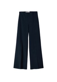 Pantaloni a gamba larga blu realizzati in un tessuto liscio, con chiusura anteriore a bottone e pieghe. Design sartoriale con una vestibilità rilassata.