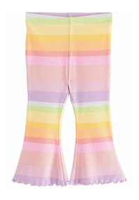 Kleurige flare leggings van geribbelde stof, met horizontale strepen in pastelkleuren zoals geel, roze, groen en paars en geschulpte zomen.