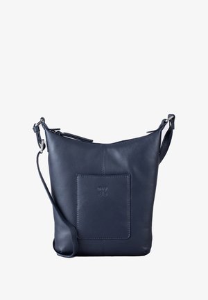 Navy leather crossbody bag with a single adjustable strap, front zip pocket, smooth texture, and embossed logo detail.