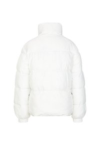 Weiße Daunenjacke mit hohem Kragen, gestepptem Design, elastischen Bündchen und einer glatten, glänzenden Oberfläche. Nur Rückansicht.