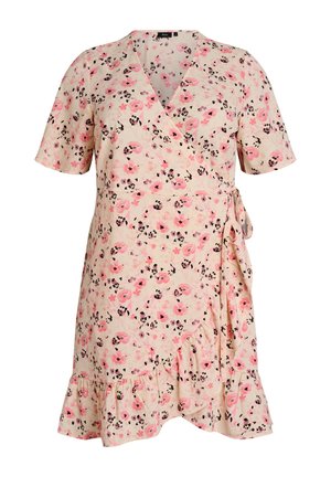Cvjetna haljina na preklop s ružičastim i crnim cvjetovima, kratkih rukava, sa volanom na rubu i bočnom vrpcom na svijetlo bež pozadini.