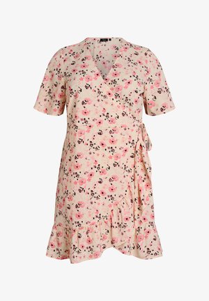 Cvjetna haljina na preklop s ružičastim i crnim cvjetovima, kratkih rukava, sa volanom na rubu i bočnom vrpcom na svijetlo bež pozadini.