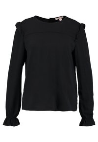 Schwarze Bluse mit langen Ärmeln, Rundhalsausschnitt, Rüschendetails an den Schultern und gerafften Bündchen. Hergestellt aus leichtem, glattem Stoff.