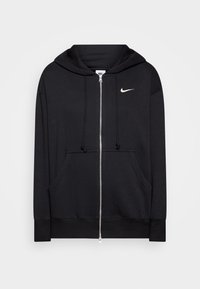 Black zip-up hoodie made of soft fabric, featuring a drawstring hood, front pockets, and a small white Nike logo on the left chest.