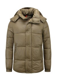 Pufferjack in olijfgroen met een hoge kraag, rits- en drukknoopsluitingen, zijzakken en een doorgestikt ontwerp voor isolatie.