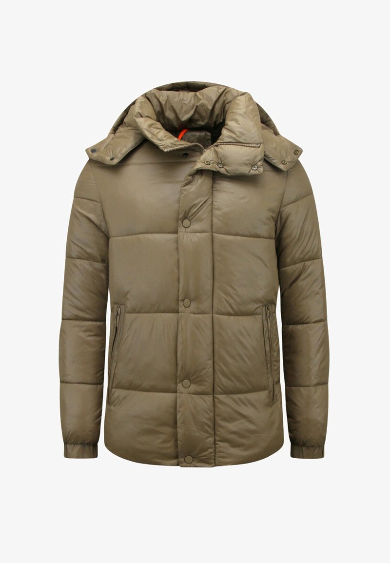 Pufferjack in olijfgroen met een hoge kraag, rits- en drukknoopsluitingen, zijzakken en een doorgestikt ontwerp voor isolatie.