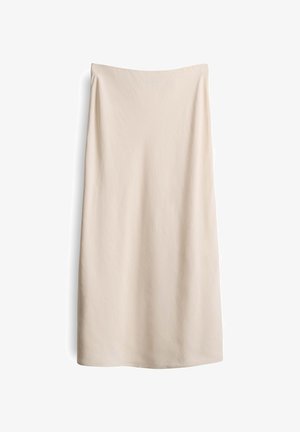 Beige, knielange rok met een gladde textuur en een rechte snit. Geen zichtbare naden of sluitingen, met een schoon, minimalistisch ontwerp.